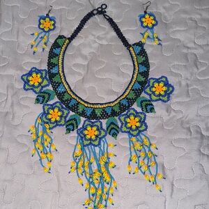 Handmade Beaded Floral Statement Necklace and Earring Set - Blue & Yellow